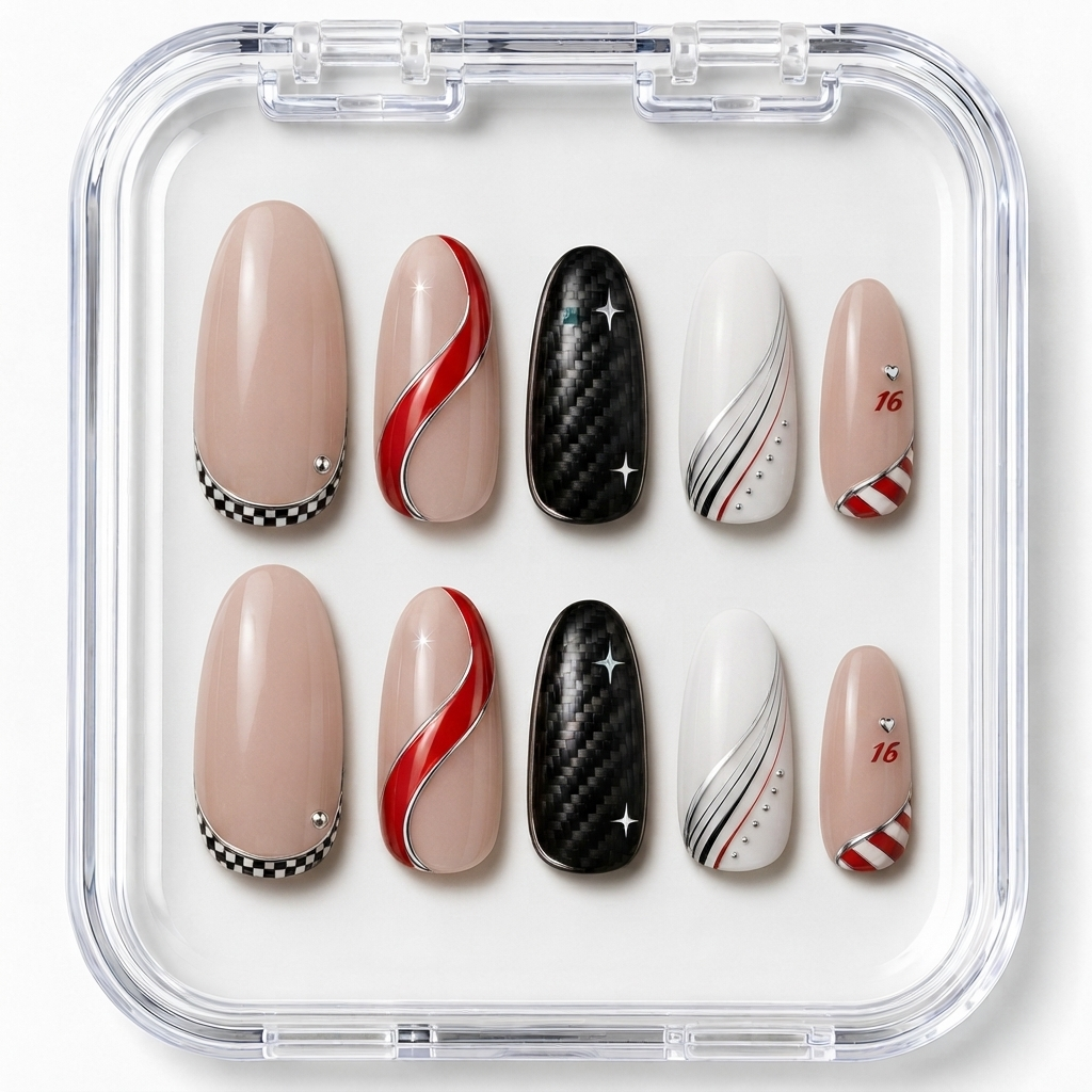 Grand Prix Formula Racing Carbon Fiber & #16 Speedline Almond Press-On Nails | Reusable Motorsport Gel Nails | Fluture