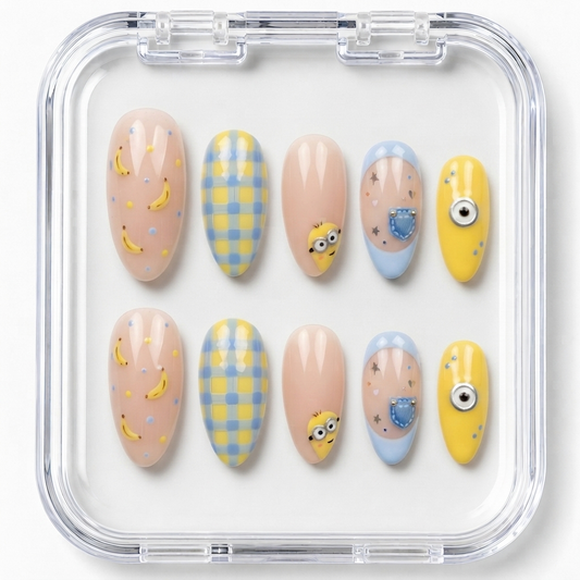 Despicable Me Minions Banana & Denim French Almond Press-On Nails | Reusable Animated Gel Nails | Fluture