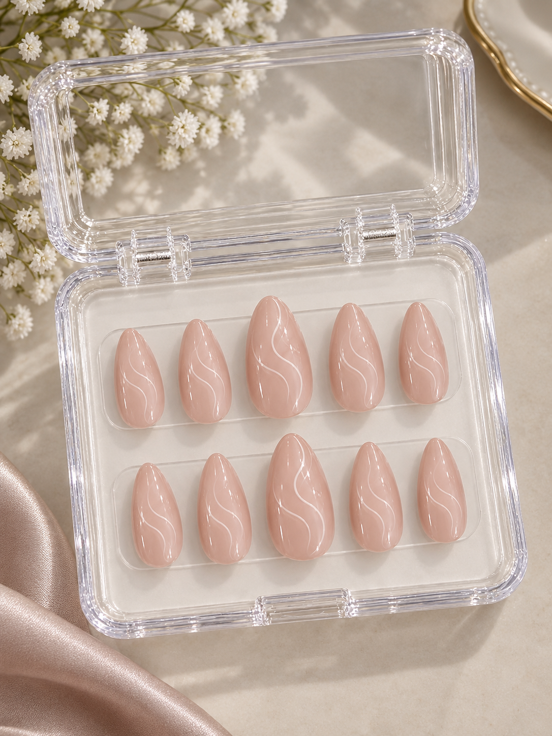 Nude Swirl & White Wave Almond Press-On Nails | Reusable Everyday Gel Nails | Fluture Studio Collection