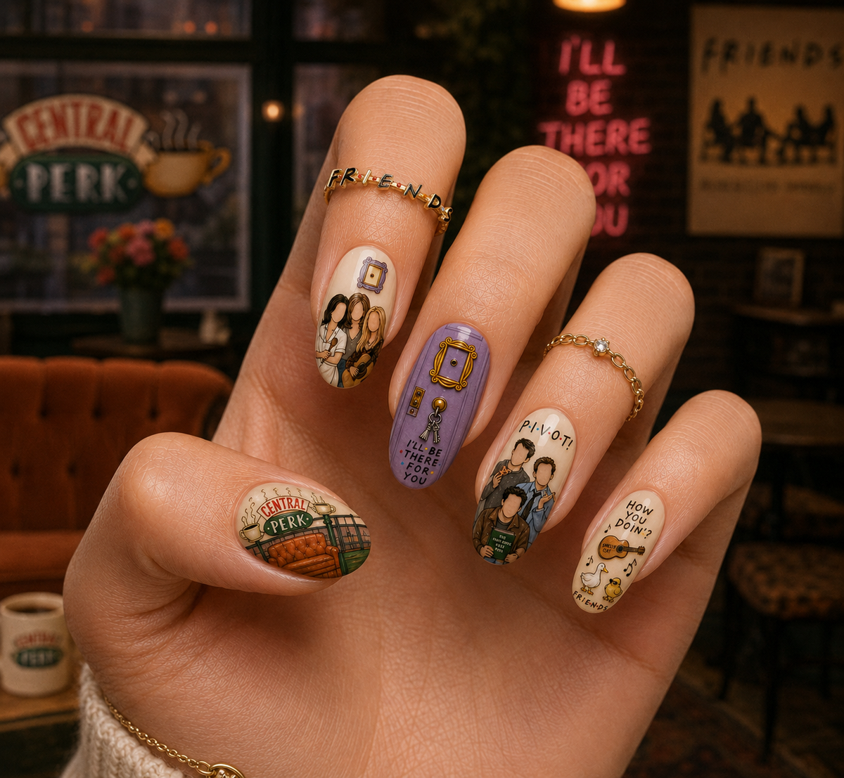 Friends TV Show Central Perk & Iconic Purple Door Almond Press-On Nails | Reusable Sitcom Gel Nails | Fluture Themed Collection