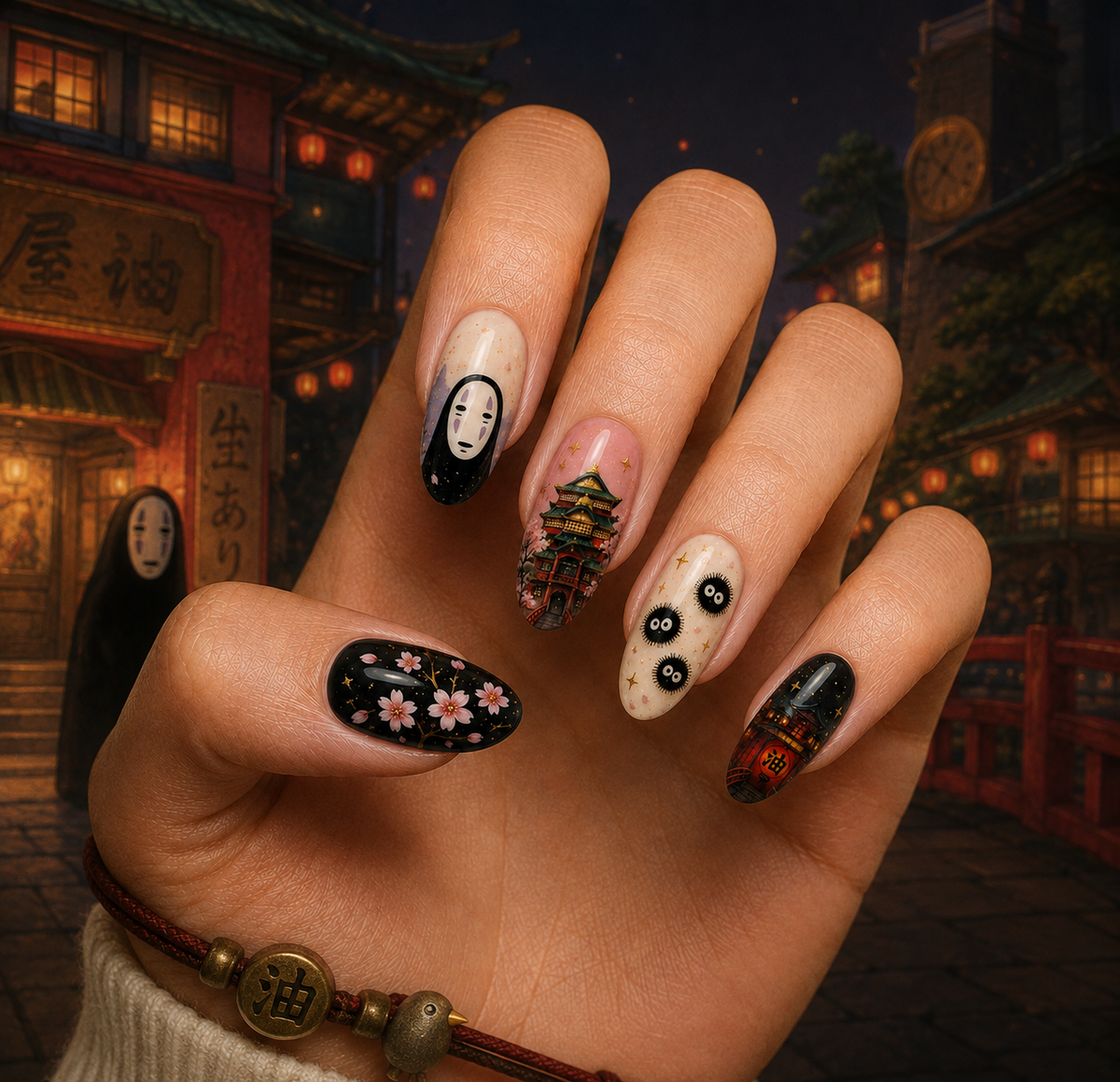 Studio Ghibli Spirited Away No-Face & Bathhouse Almond Press-On Nails | Reusable Anime Gel Nails | Fluture Themed Collection