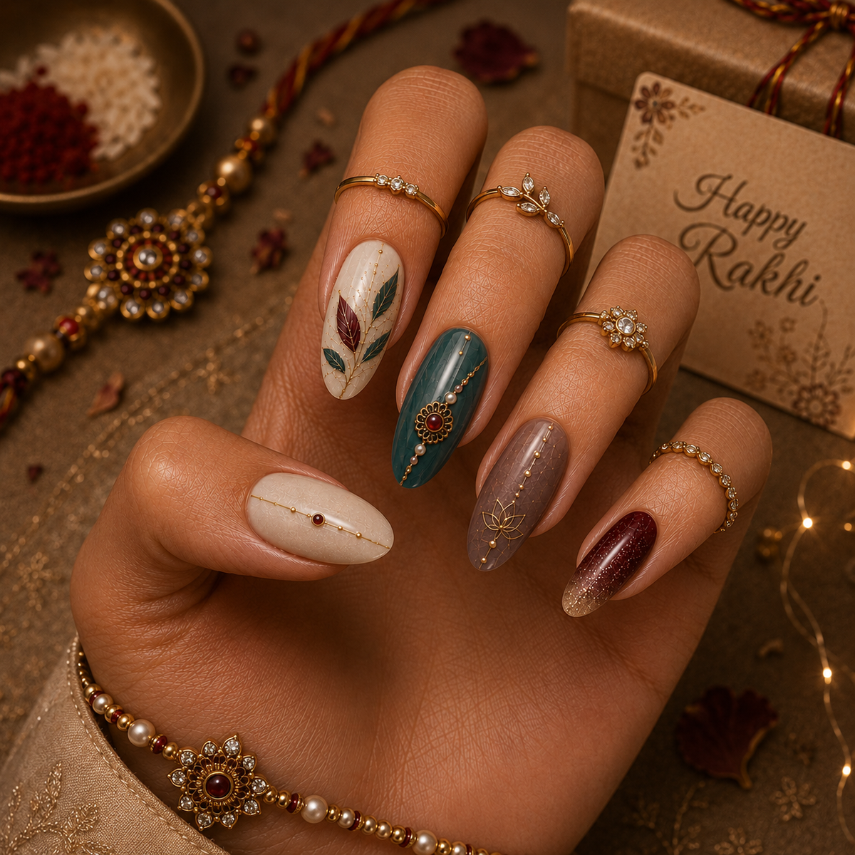 Festive Teal Marble & Ruby Sun Mandala Almond Press-On Nails | Reusable Festive Gel Nails | Fluture Festive Collection