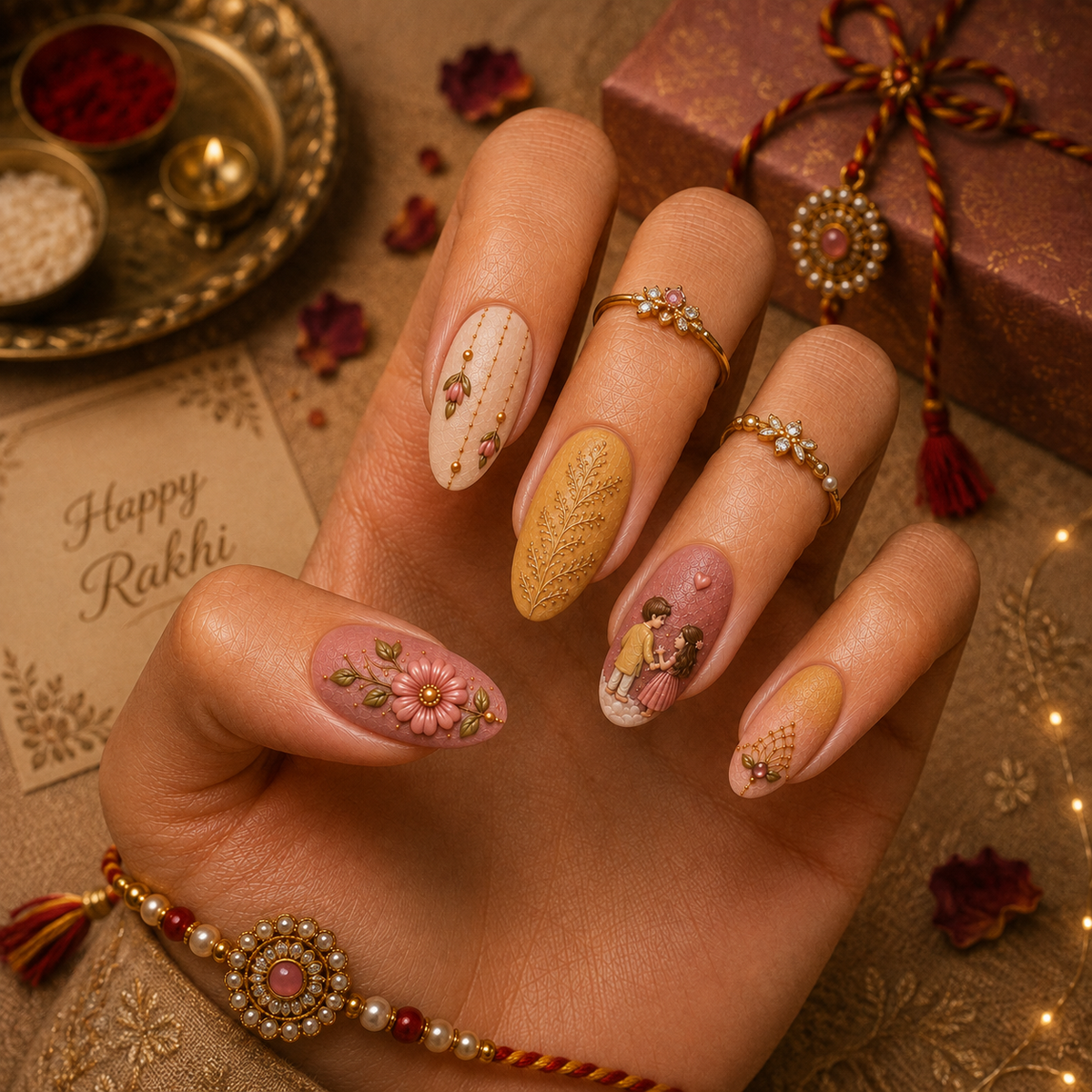 Festive Storybook Rose & Mustard 3D Floral Almond Press-On Nails | Reusable Festive Gel Nails | Fluture Festive Collection