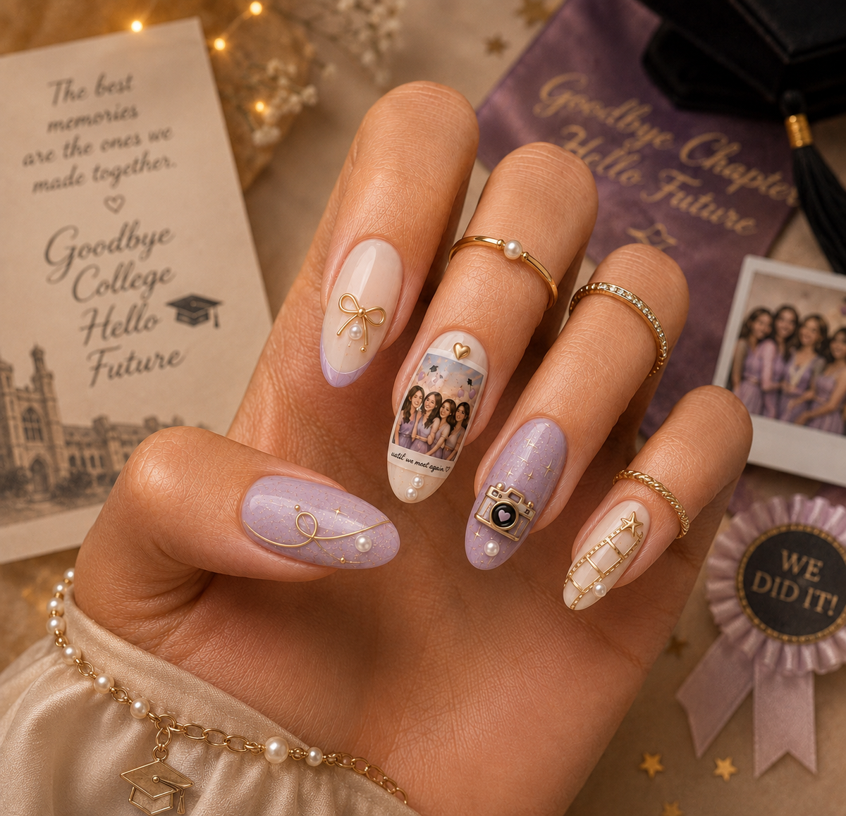 Graduation Memories Lavender French & 3D Gold Bow Almond Press-On Nails | Reusable Gel Nails | Fluture