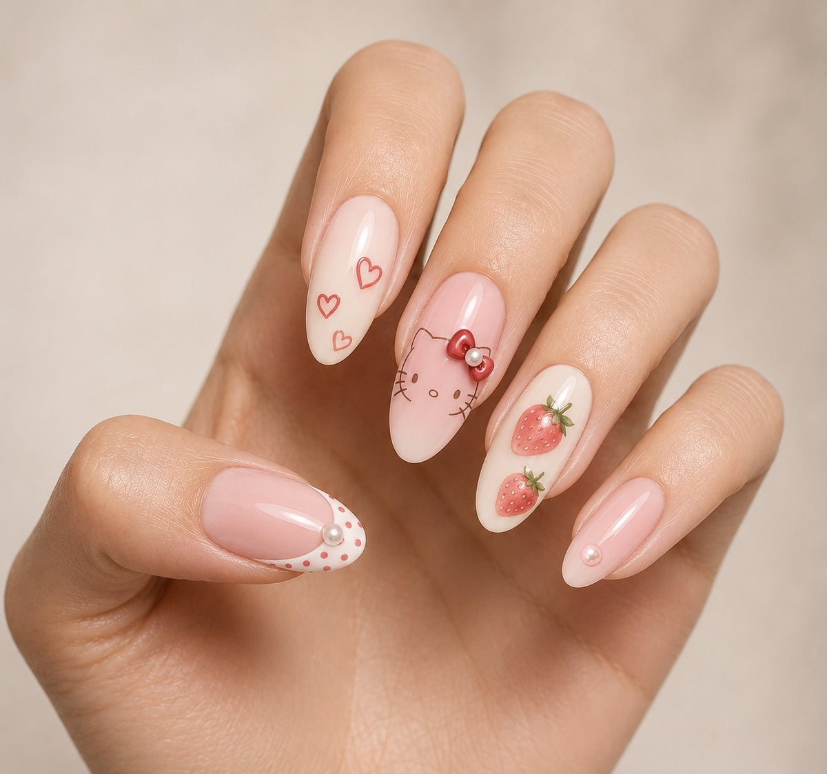Hello Kitty Kawaii Strawberry & 3D Red Bow Almond Press-On Nails | Reusable Gel Nails | Fluture