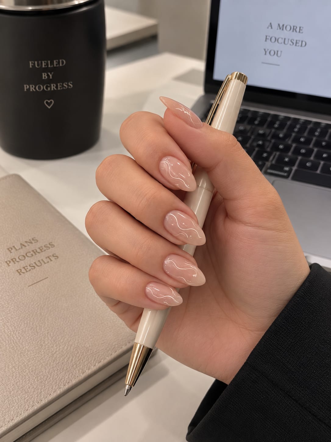 Nude Swirl & White Wave Almond Press-On Nails | Reusable Everyday Gel Nails | Fluture Studio Collection