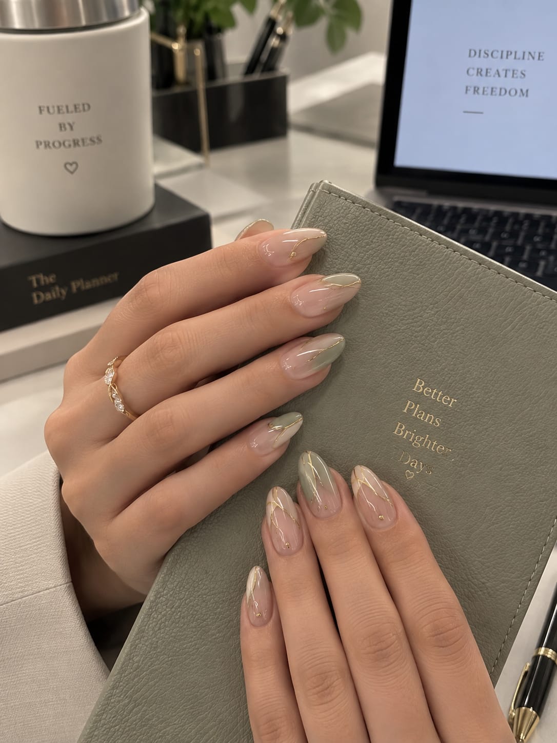 Sage Swirl & Gold Almond Press-On Nails | Reusable Everyday Gel Nails | Fluture Studio Collection