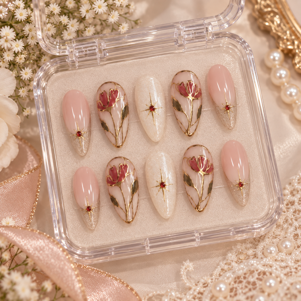 Bridal Stained Glass Tulip Almond Press-On Nails | Reusable Wedding Gel Nails | Fluture Bridal Collection