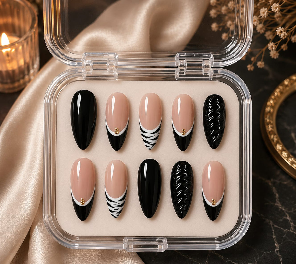 Monochrome Zebra French & 3D Glossy Swirl Almond Press-On Nails | Reusable Modern Noir Gel Nails | Fluture Luxury Collection
