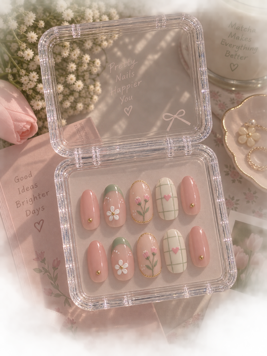 Matcha French, 3D Daisy & Tulip Plaid Almond Press-On Nails | Reusable Pastel Floral Gel Nails | Fluture Luxury Collection