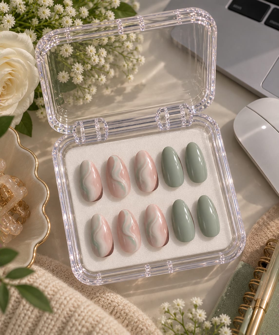 Sage Water Marble Almond Press-On Nails | Reusable Everyday Gel Nails | Fluture Studio Collection