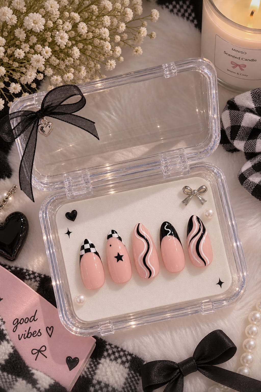 Monochrome Swirl & Checkerboard French Almond Press-On Nails | Reusable Minimalist Gel Nails | Fluture Luxury Collection