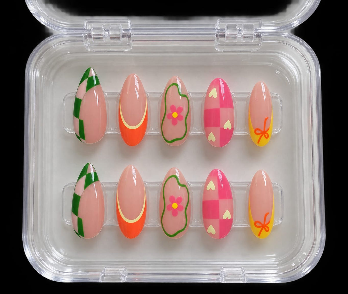 Dopamine Retro Mix, French Tip & Floral Almond Press-On Nails | Reusable Colorful Funky Gel Nails | Fluture Luxury Collection