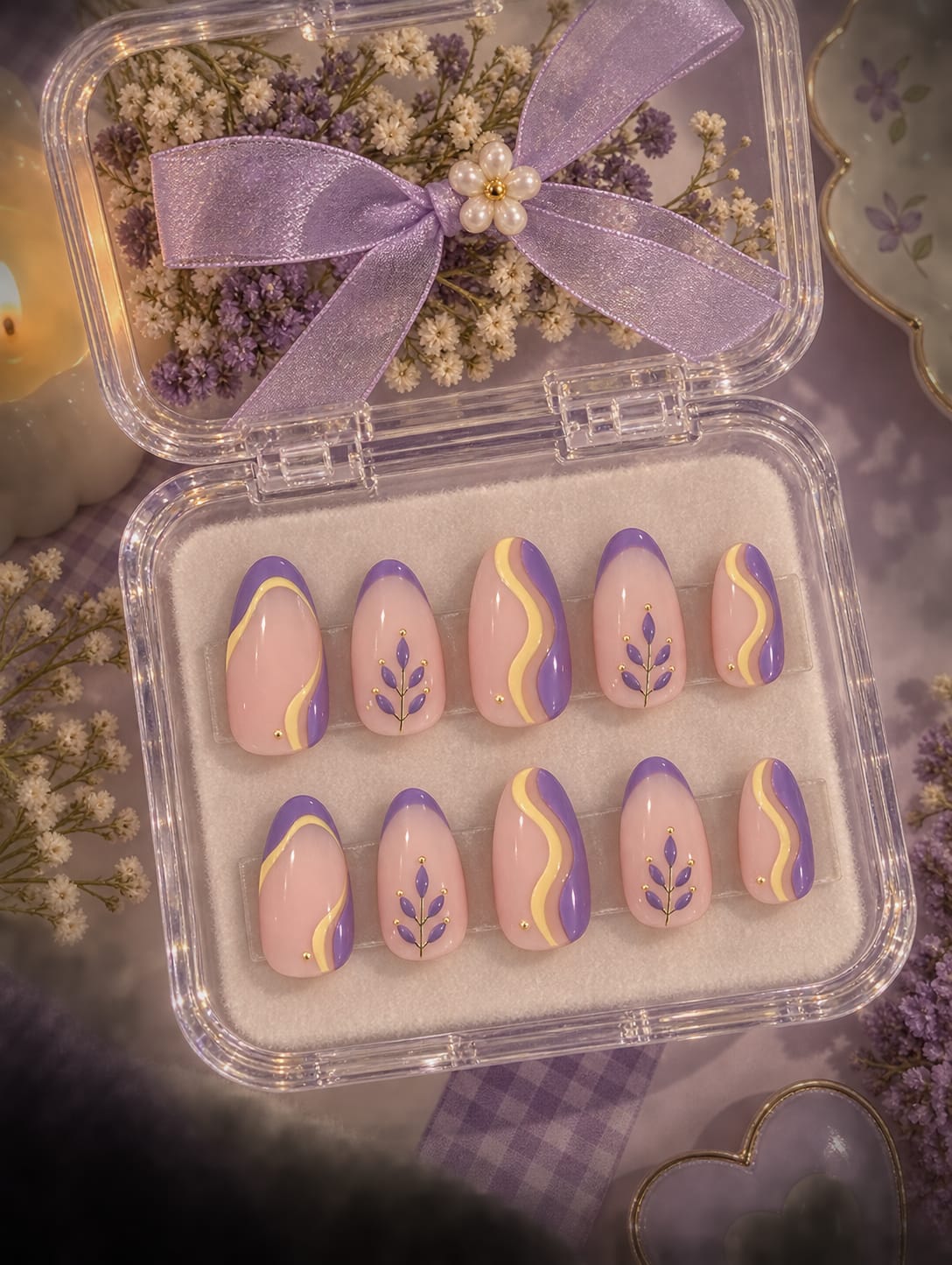 Lavender Sprig, Butter Yellow Swirl & French Almond Press-On Nails | Reusable Pastel Floral Gel Nails | Fluture Luxury Collection