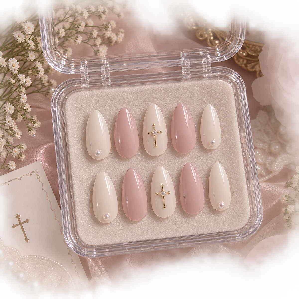 Bridal Pearl Cross & Blush Almond Press-On Nails | Reusable Wedding Gel Nails | Fluture Bridal Collection