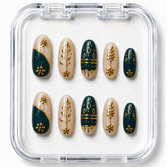 Navratri Peacock Teal & Gilded Zari Mandala Almond Press-On Nails | Reusable Ethnic Dandiya Gel Nails | Fluture Themed Collection