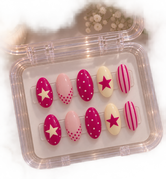 Berry Magenta & Butter Yellow Pop Starburst, Pinstripe & Polka Dot Almond Press-On Nails | Reusable Y2K Retro Dopamine Gel Nails | Fluture Luxury Collection