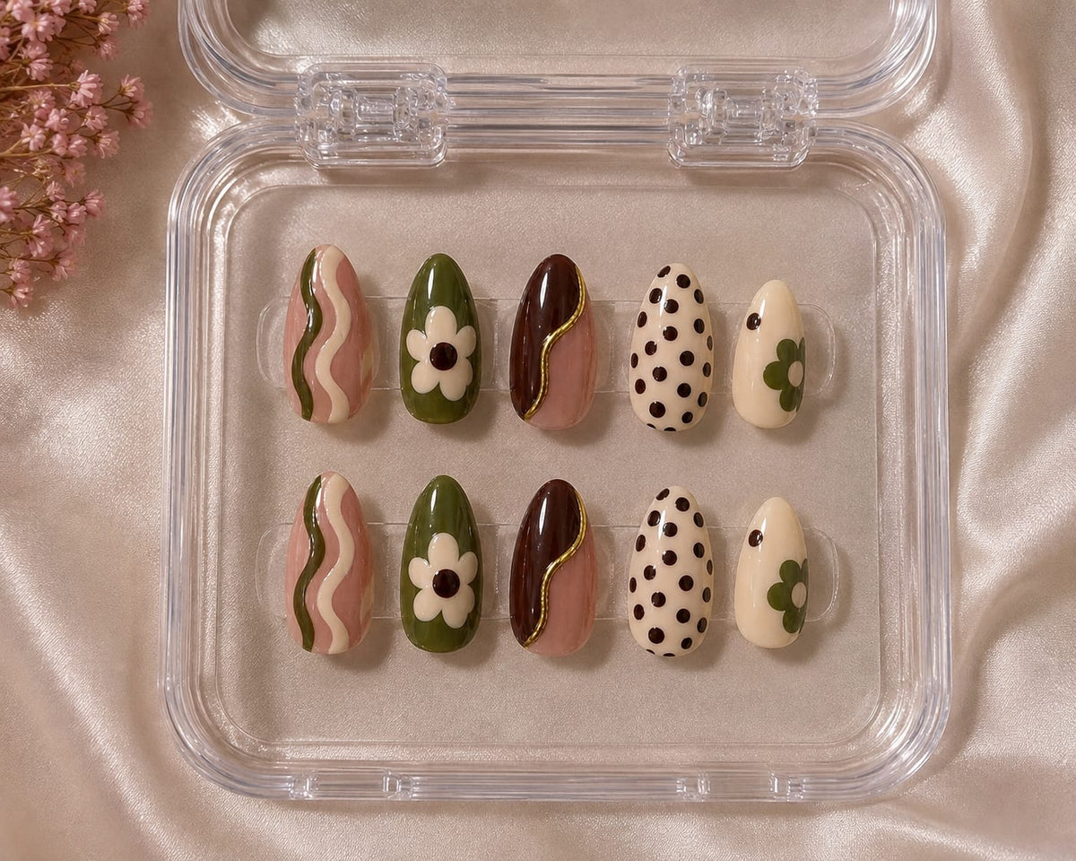 Olive Floral, Espresso Wave & Retro Dot Almond Press-On Nails | Reusable 70s Modern Gel Nails | Fluture Luxury Collection