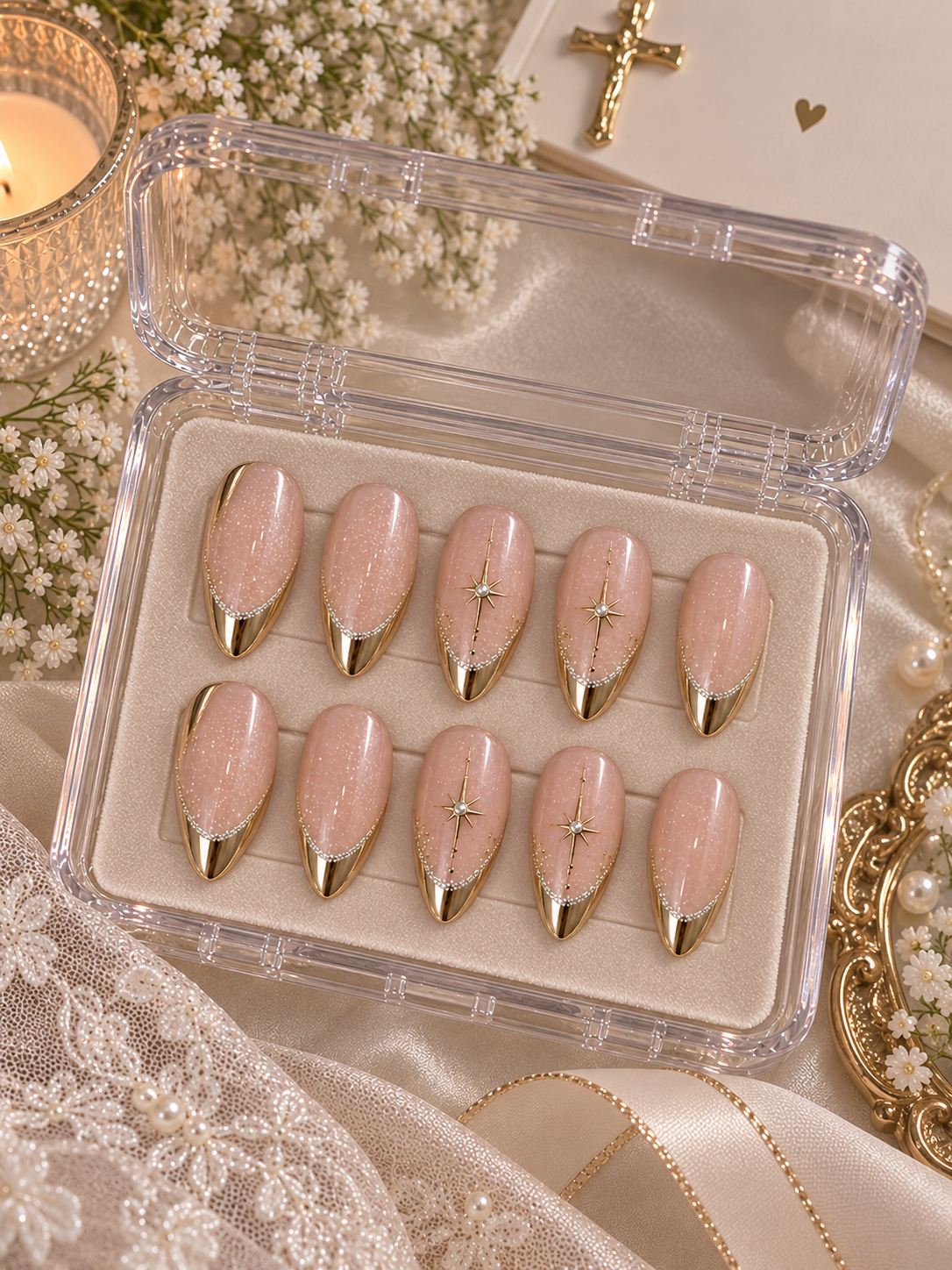 Bridal Molten Gold Starburst Almond Press-On Nails | Reusable Wedding Gel Nails | Fluture Bridal Collection