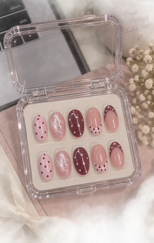 Berry Polka & Rose Quartz Almond Press-On Nails | Reusable Everyday Gel Nails | Fluture Studio Collection