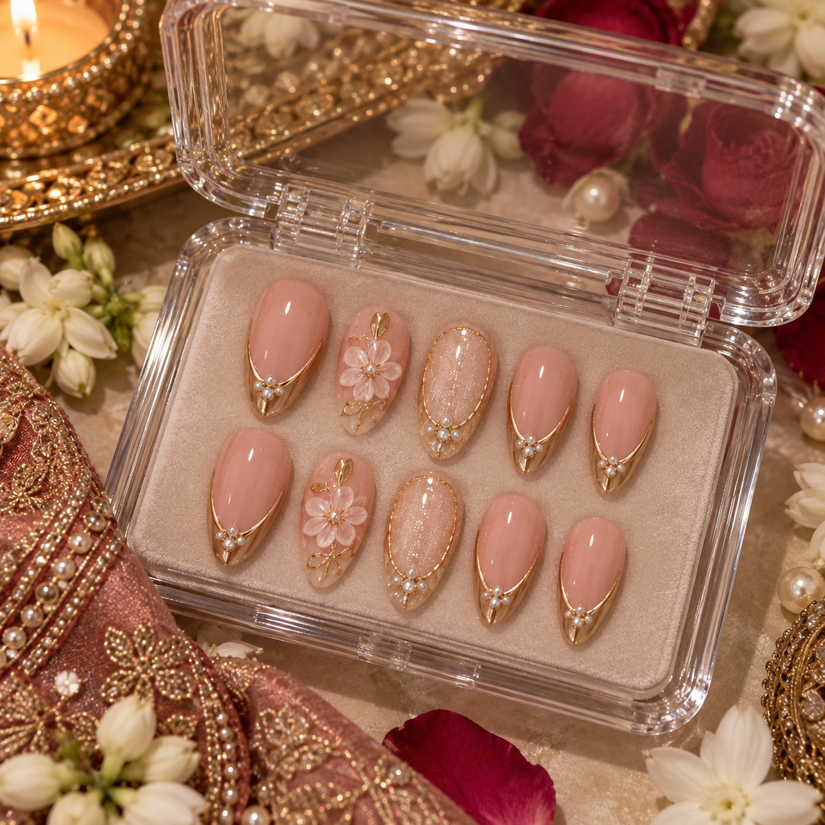 Bridal Gold Chrome Almond Press-On Nails | Reusable Wedding Gel Nails | Fluture Bridal Collection