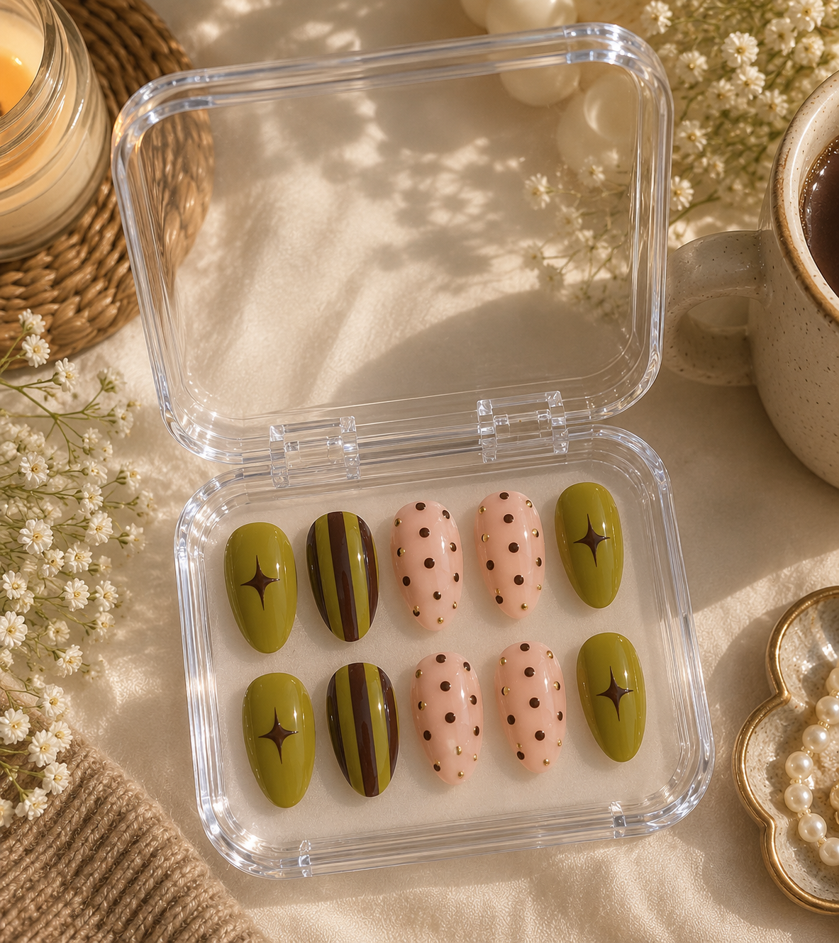 Matcha & Mocha Stripe, Polka Dot Almond Press-On Nails | Reusable Retro Cozy Gel Nails | Fluture Luxury Collection
