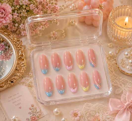 Pastel French, Swirl & Twinkle Star Almond Press-On Nails | Reusable Dreamy Gel Nails | Fluture Luxury Collection