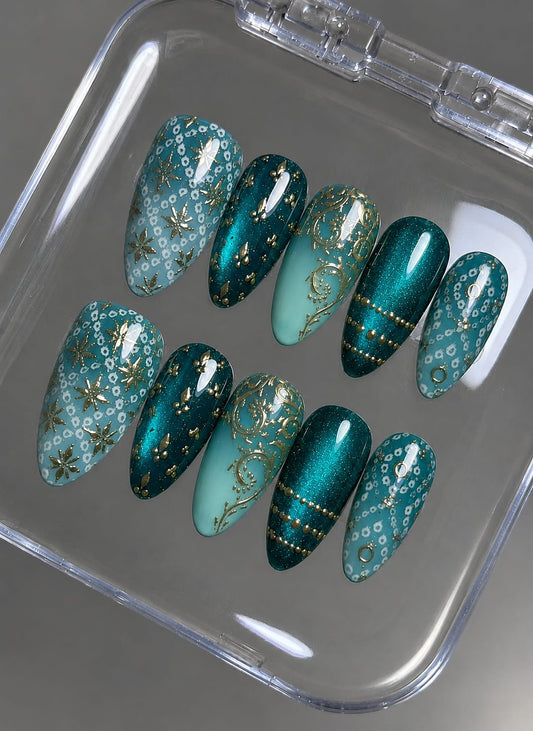 Royal Peacock Teal & Gold Bandhani Filigree Almond Press-On Nails | Navratri Special | Fluture