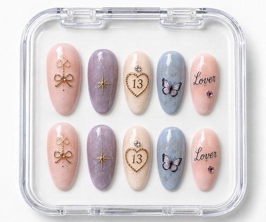 Taylor Swift Eras Lucky 13 & Lover Butterfly Almond Press-On Nails | Reusable Swiftie Gel Nails | Fluture