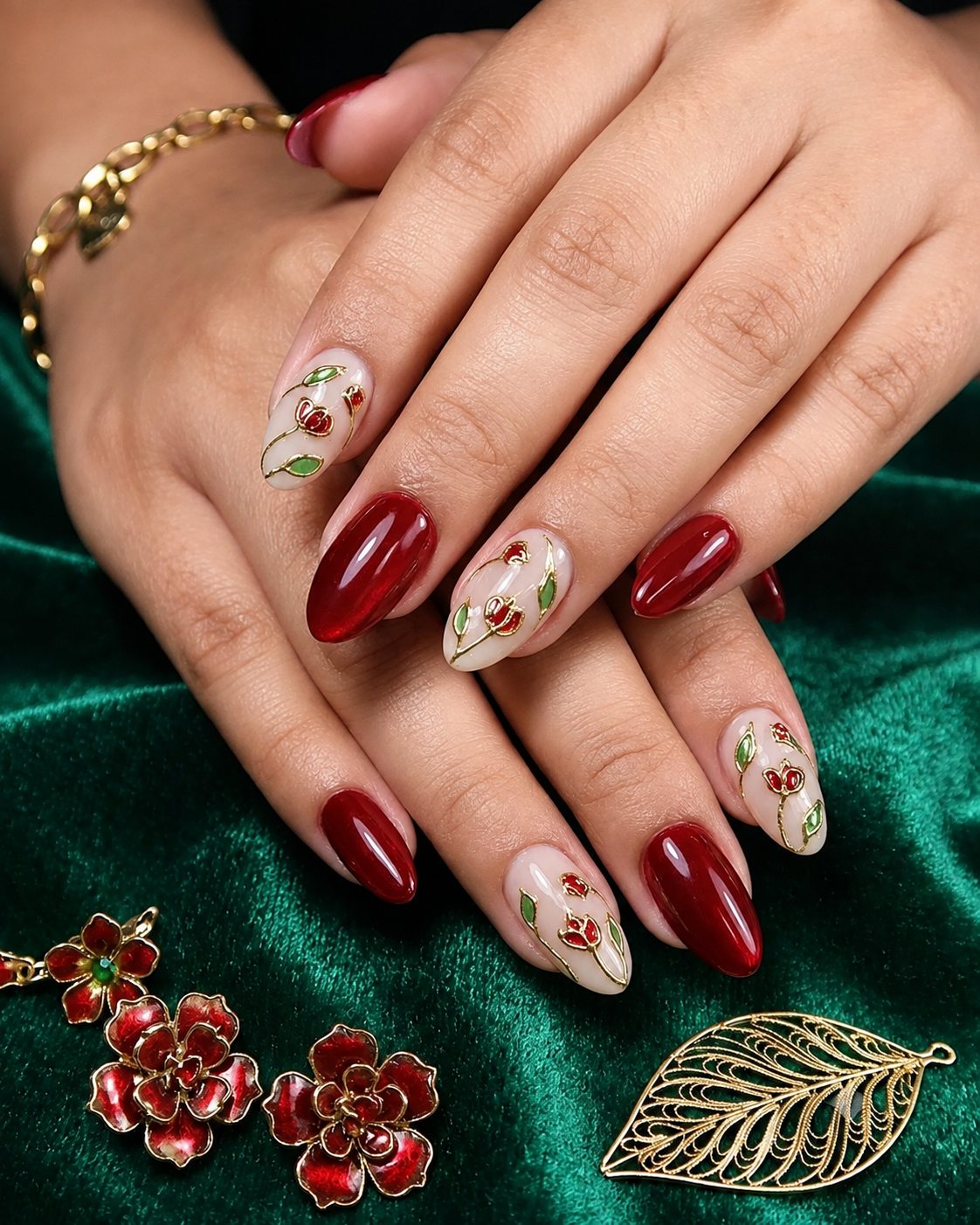 Meenakari Tulip & Crimson Ruby Bridal Almond Press-On Nails | Reusable Luxury Wedding Gel Nails | Fluture Bridal Edit