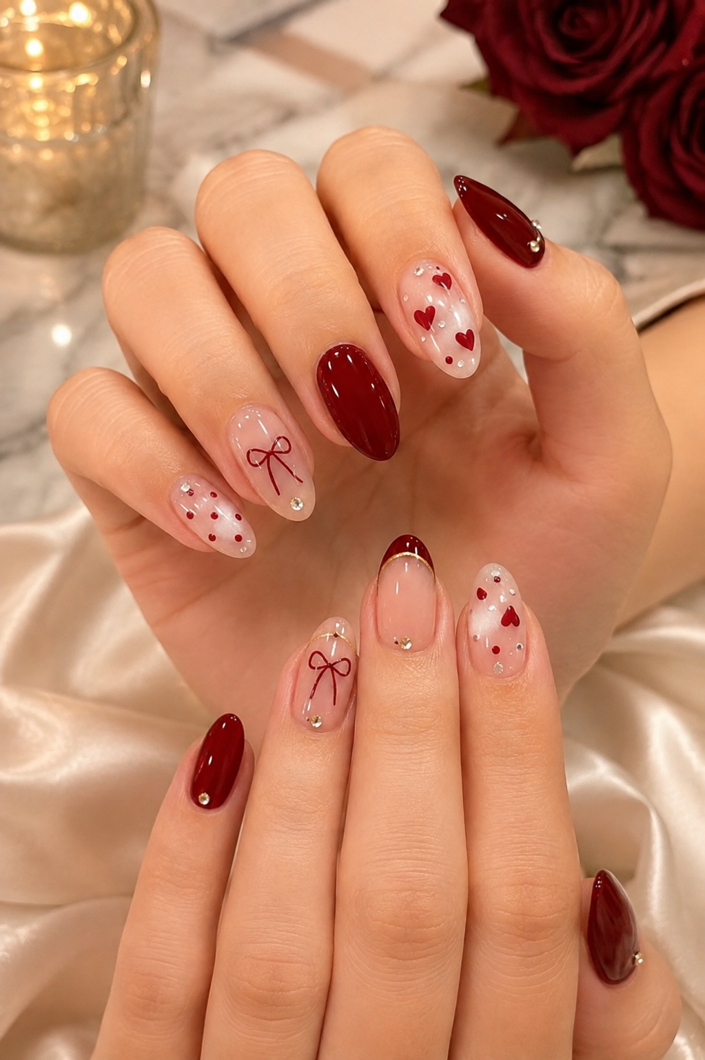 Crimson Red Bow, Floating Hearts & Gold Outline French Almond Press-On Nails | Reusable Coquette Romantic Valentine Gel Nails | Fluture Luxury Collection