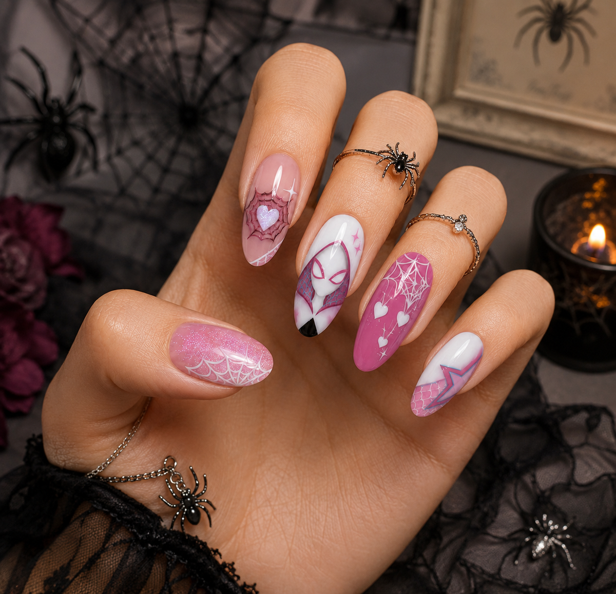 Spider-Gwen Ghost-Spider Web & Pink Heart Almond Press-On Nails | Reusable Superhero Gel Nails | Fluture Themed Collection