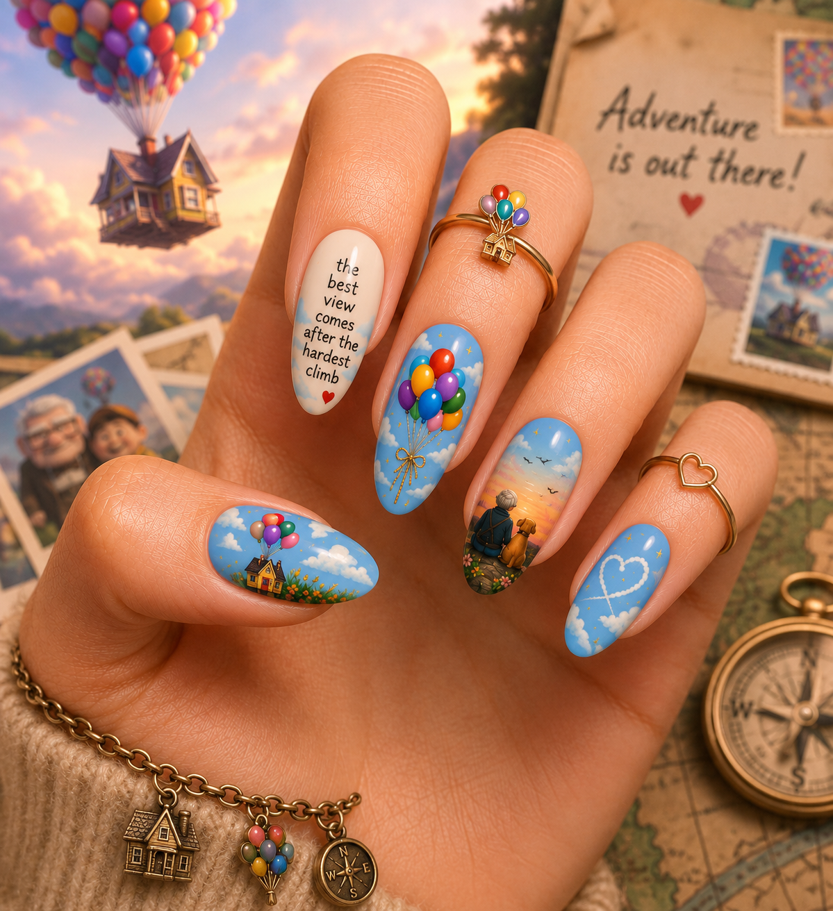 Disney Pixar Up Flying Balloon House & Sunset Almond Press-On Nails | Reusable Themed Gel Nails | Fluture Themed Collection