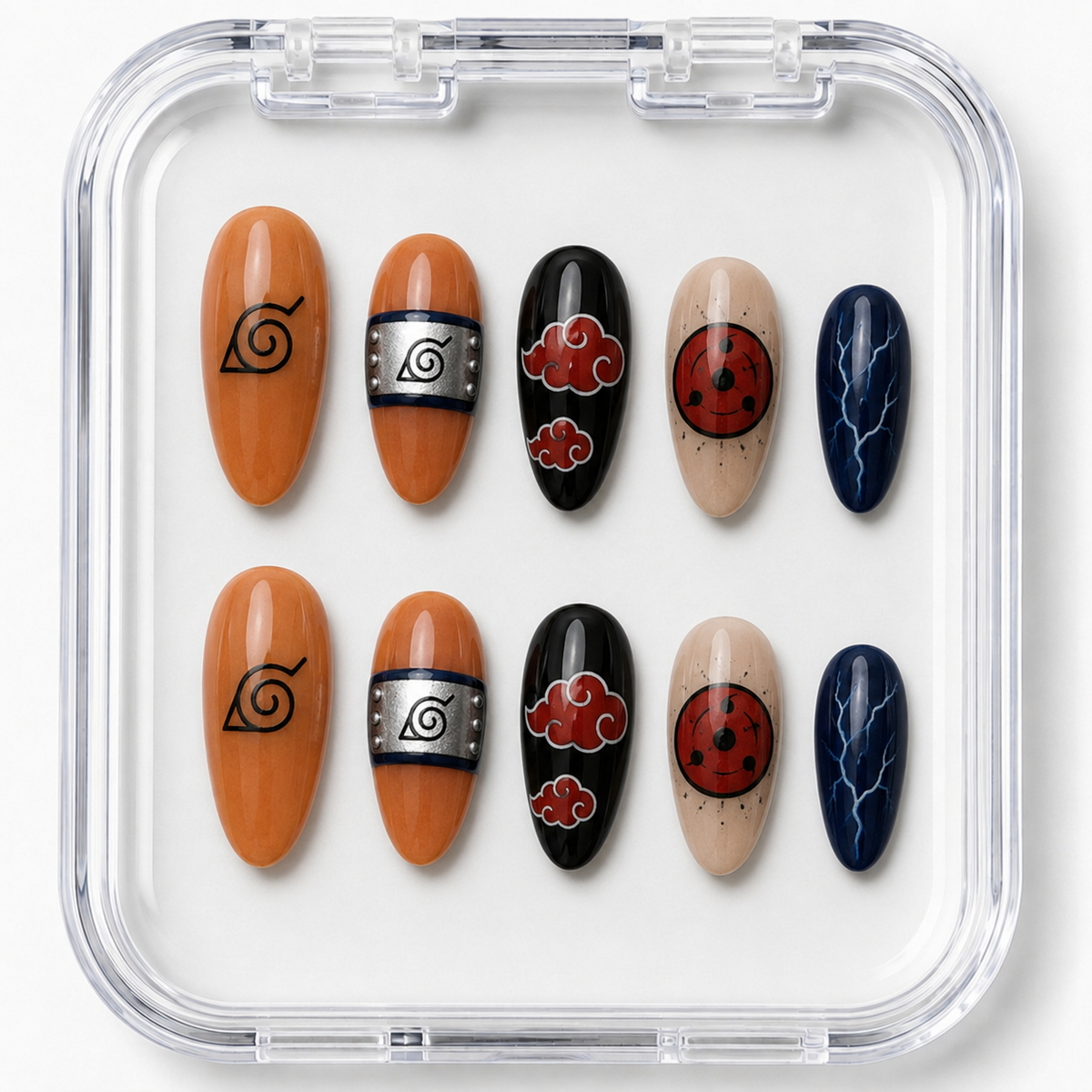 Naruto Shippuden Hidden Leaf Headband & Sharingan Akatsuki Almond Press-On Nails | Reusable Anime Gel Nails | Fluture Themed Collection