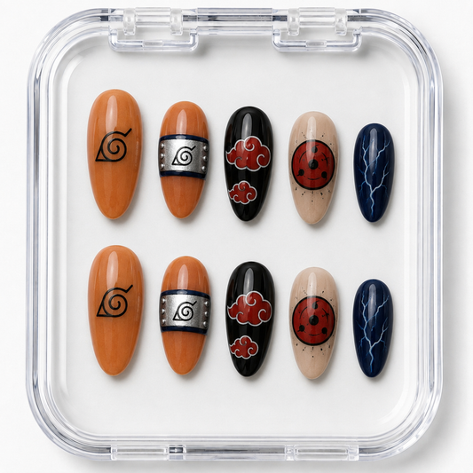 Naruto Shippuden Hidden Leaf Headband & Sharingan Akatsuki Almond Press-On Nails | Reusable Anime Gel Nails | Fluture Themed Collection