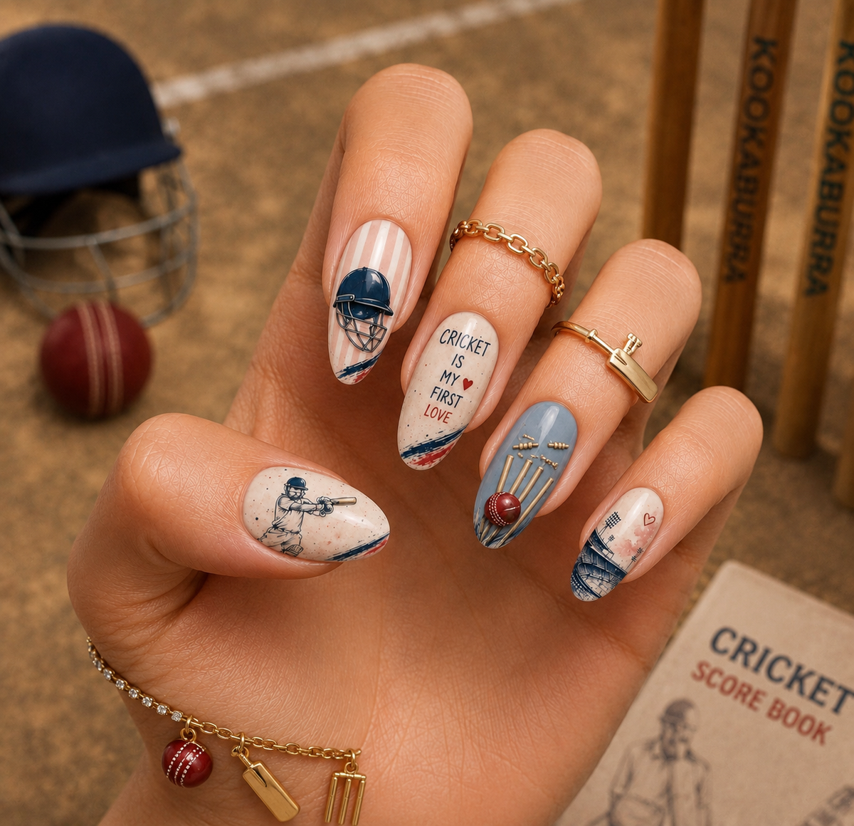 Cricket Fever Stadium & Red Leather Ball Almond Press-On Nails | Reusable Sports Fan Gel Nails | Fluture