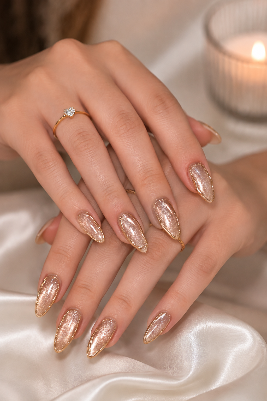 Champagne Cat-Eye & Molten Gold Chrome Frame Bridal Almond Press-On Nails | Reusable Luxury Wedding Gel Nails | Fluture Bridal Edit
