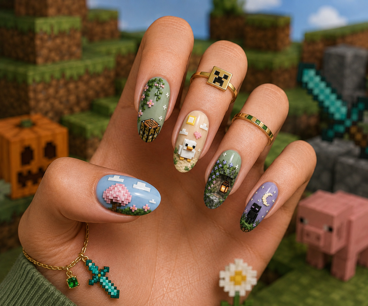 Minecraft Cozy Cherry Grove & Pixel Enderman Almond Press-On Nails | Reusable Gamer Gel Nails | Fluture Themed Collection