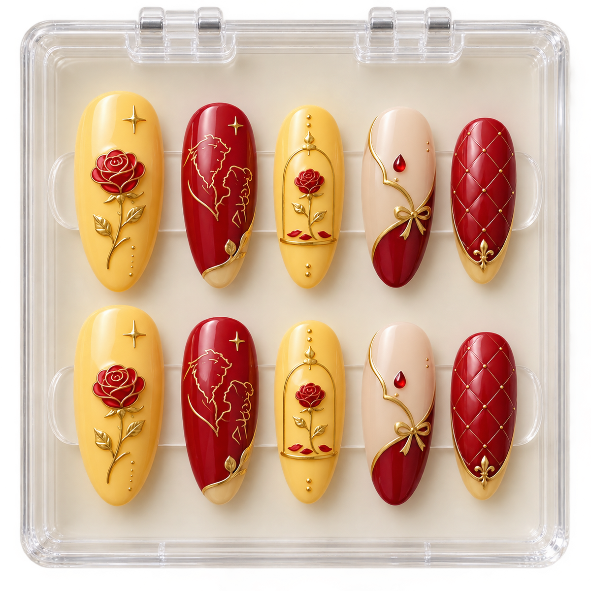 Beauty & The Beast Enchanted Rose & Belle Ballgown Almond Press-On Nails | Reusable Princess Gel Nails | Fluture Themed Collection
