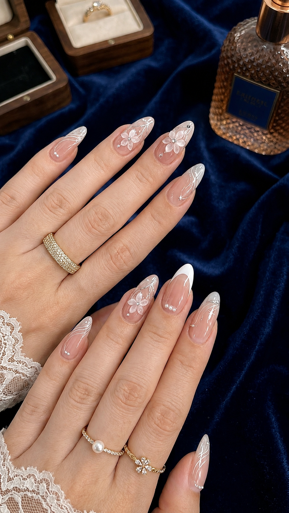 3D Pearl Blossom & Silver Swirl Bridal Almond Press-On Nails | Reusable Wedding Gel Nails | Fluture Bridal Edit