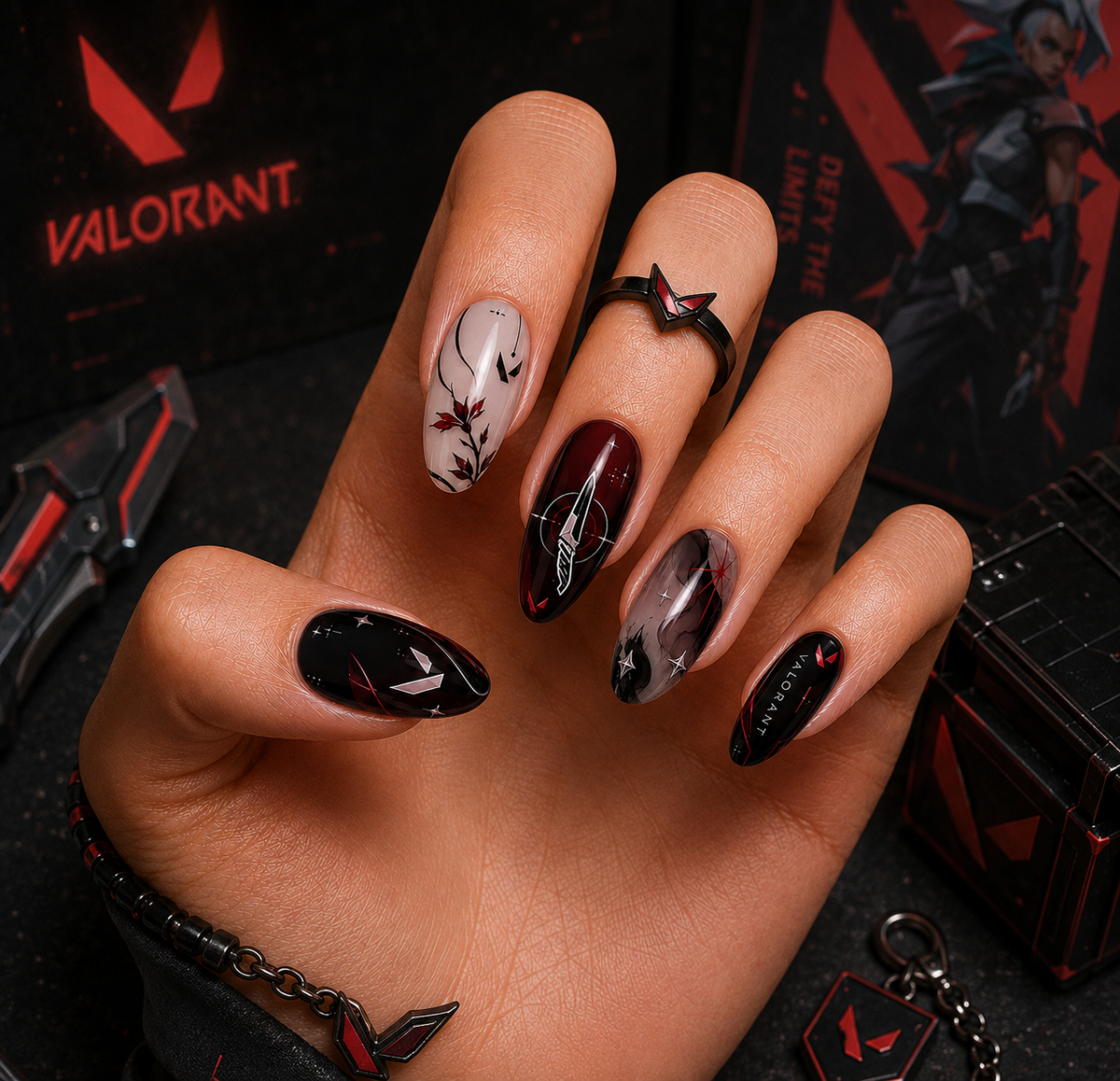 Valorant Tactical Blade & Dark Crimson Marble Almond Press-On Nails | Reusable Gamer Gel Nails | Fluture Themed Collection