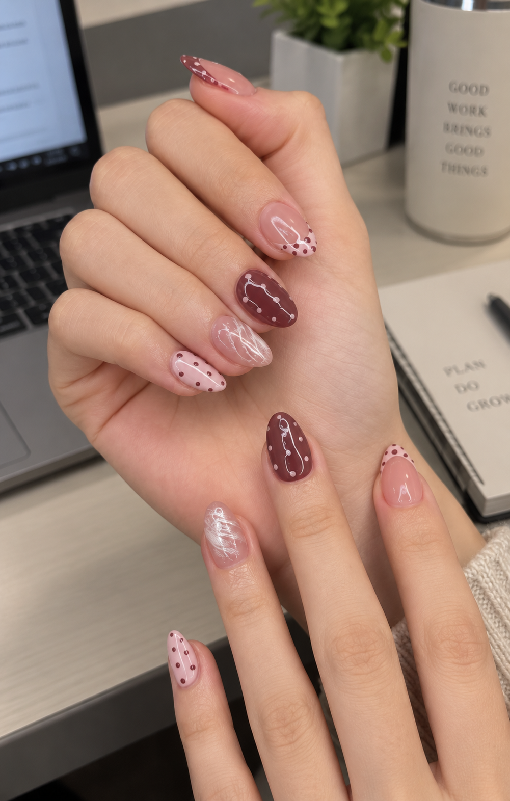Berry Polka & Rose Quartz Almond Press-On Nails | Reusable Everyday Gel Nails | Fluture Studio Collection