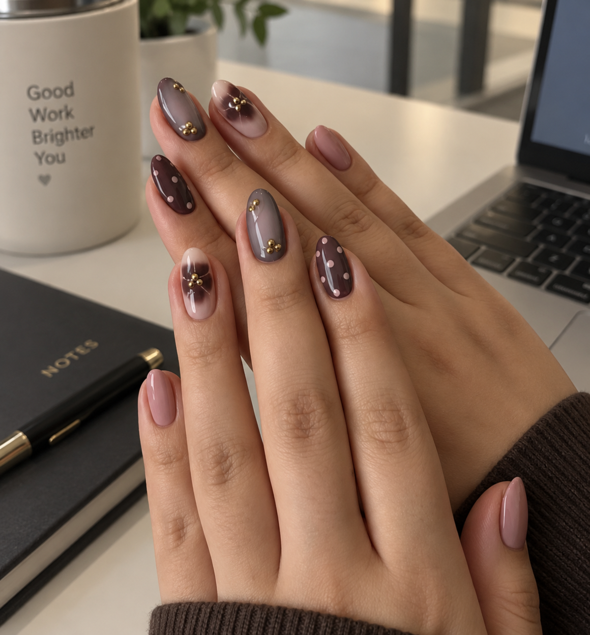 Smoky Plum Aura & Polka Almond Press-On Nails | Reusable Everyday Gel Nails | Fluture Studio Collection