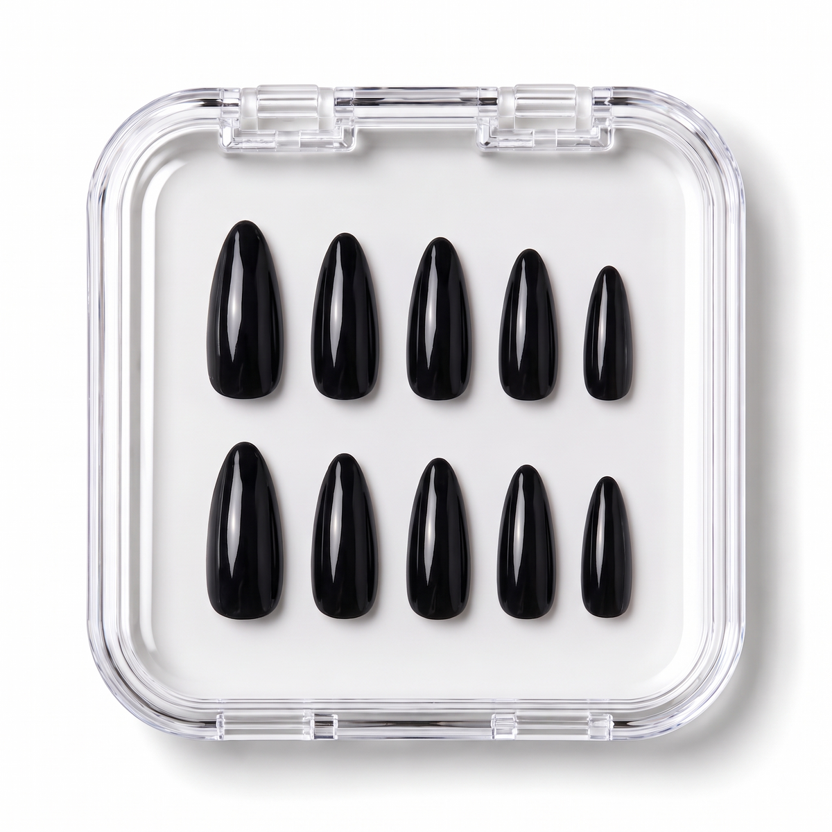 Glossy Obsidian Jet Black Almond Press-On Nails | Reusable Gel Nails | Fluture