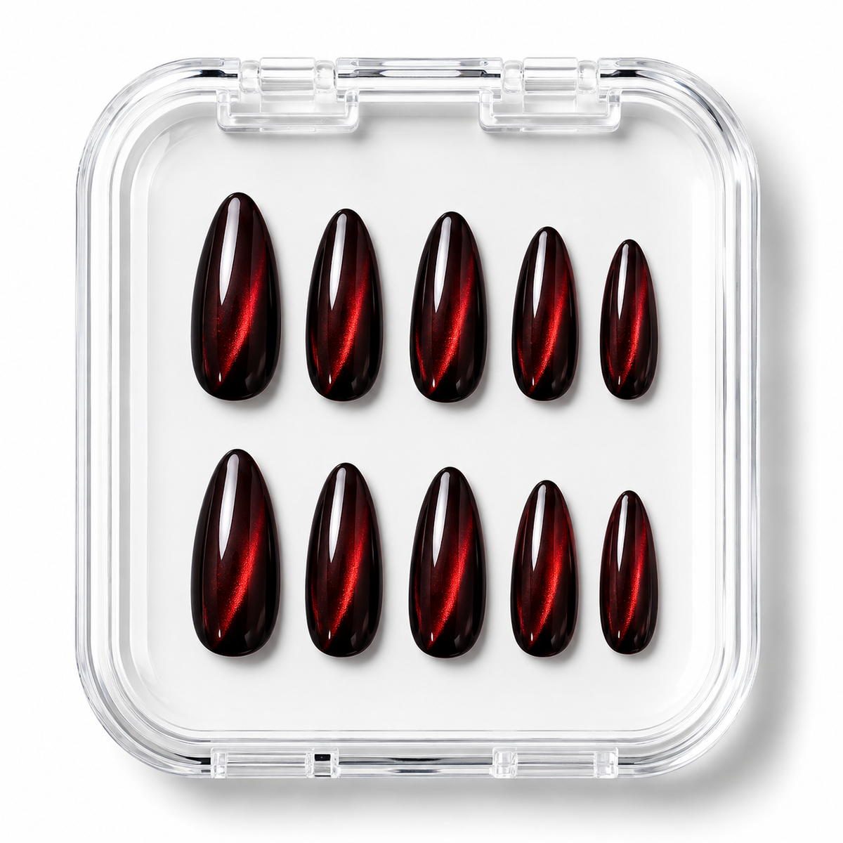 Ruby Velvet Metallic Red Cat-Eye Almond Press-On Nails | Reusable Gel Nails | Fluture