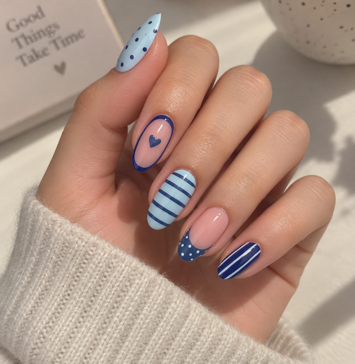 Navy & Sky Blue Nautical Stripe, French & Heart Almond Press-On Nails | Reusable Preppy Gel Nails | Fluture Luxury Collection