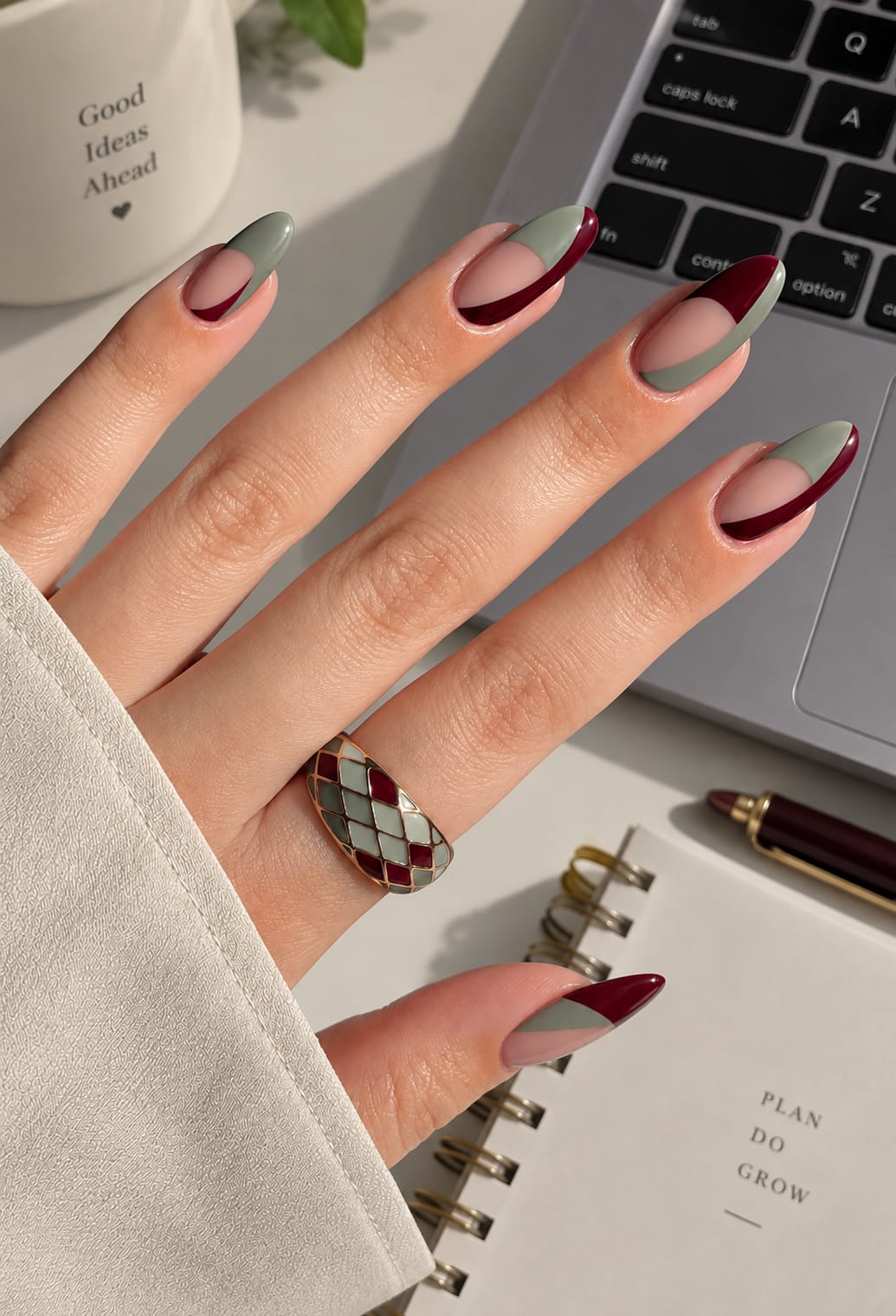 Burgundy & Sage Split French Almond Press-On Nails | Reusable Everyday Gel Nails | Fluture Studio Collection