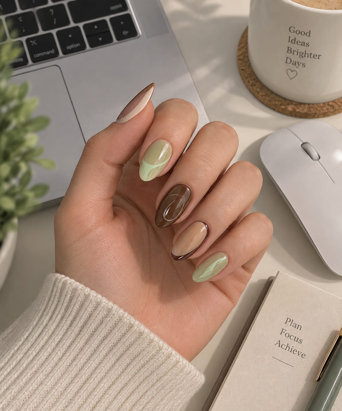 Matcha & Mocha Abstract Almond Press-On Nails | Reusable Everyday Gel Nails | Fluture Studio Collection