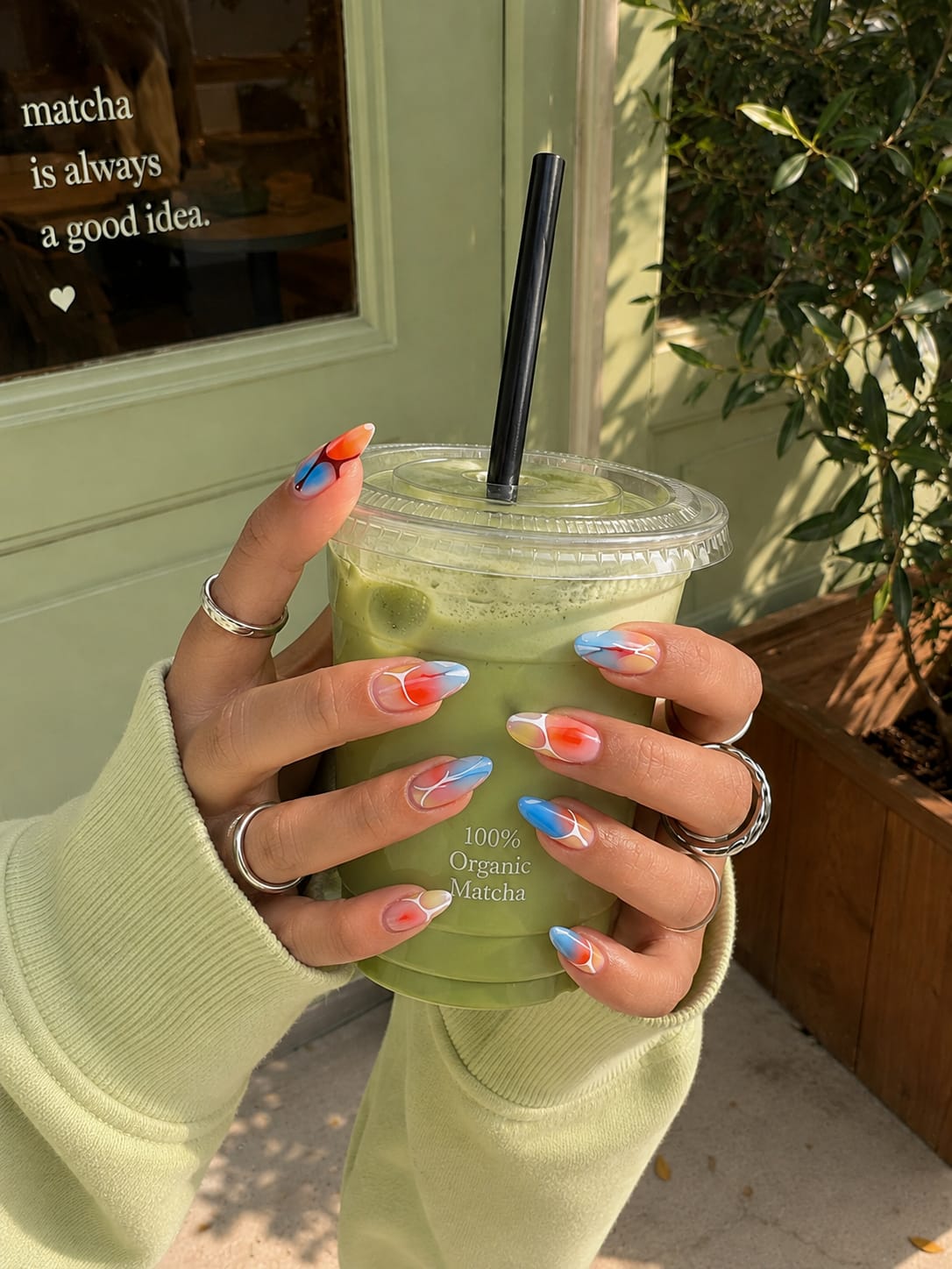 Sunset Aura, Sky Blue French & Abstract Swirl Almond Press-On Nails | Reusable Dopamine Gel Nails | Fluture Luxury Collection