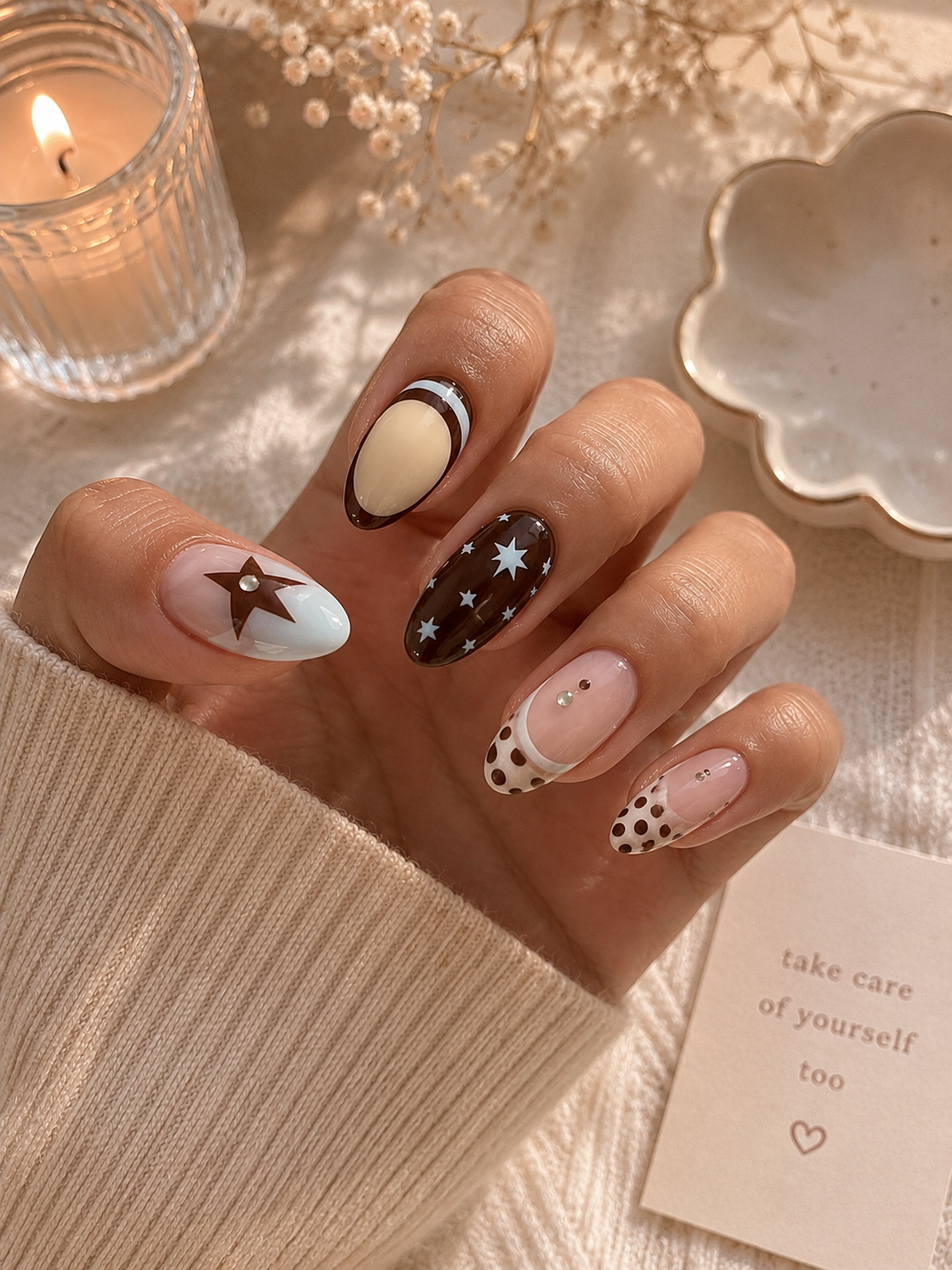 Espresso Starburst, Polka Dot French & Mocha Outline Almond Press-On Nails | Reusable Y2K Retro Luxury Gel Nails | Fluture Luxury Collection